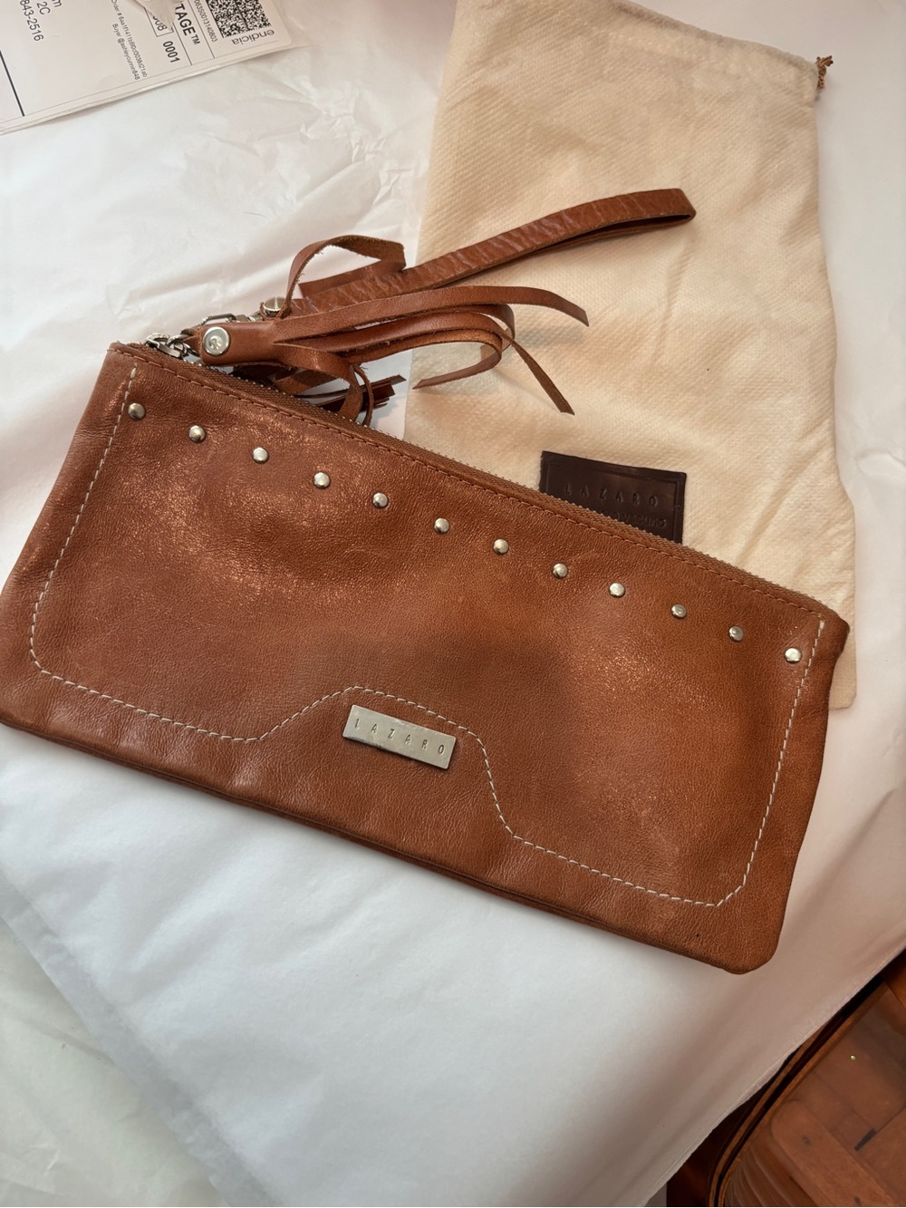 Lazaro Tan Brown Leather Wristlet Clutch with Stud Accents